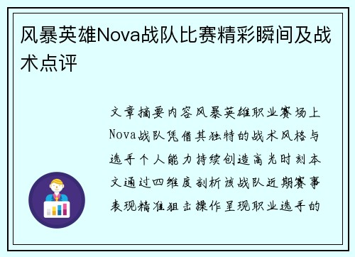 风暴英雄Nova战队比赛精彩瞬间及战术点评